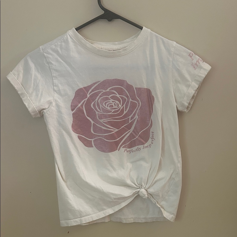 White Short Sleeve Tie Front T-Shirt with Pink Accents